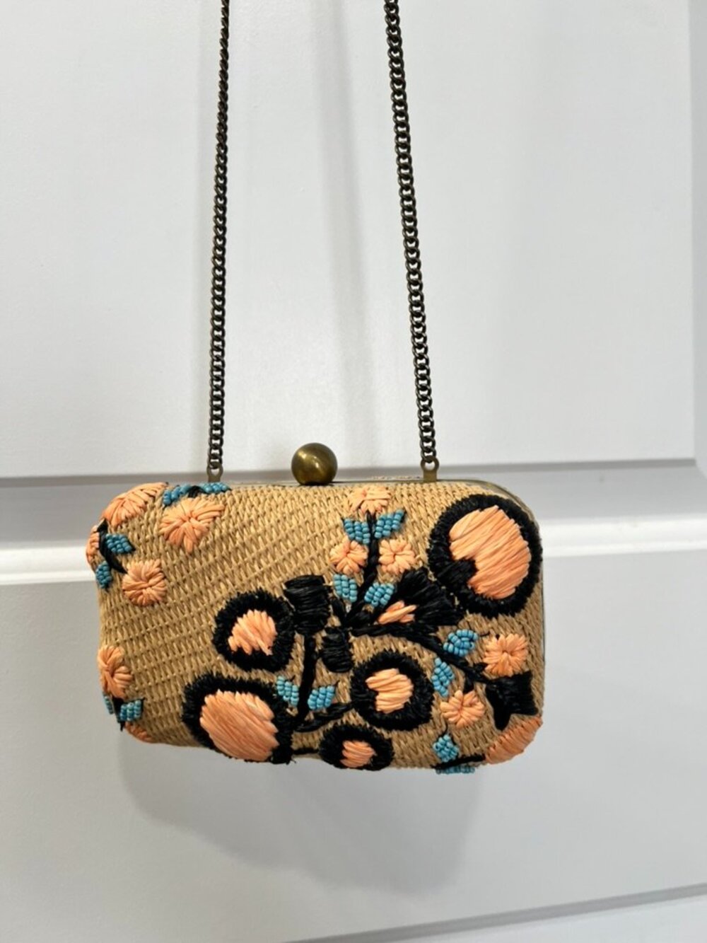 Roller Rabbit Raffia Floral Clutch Crossbody Bag Straw Embroidered Beaded Purse